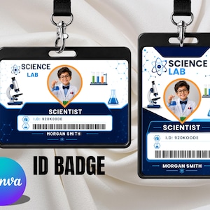 Könnte beinhalten: Zwei Wissenschafts-Labor-Ausweise im Quer- und Hochformat. Jeder zeigt ein Foto eines Kindes im Laborkittel, den Text SCIENCE LAB, SCIENTIST, MORGAN SMITH und ID 920K00DE sowie Grafiken eines Mikroskops und von Reagenzgläsern.