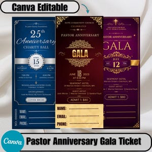 Op de afbeelding: Drie verticale evenementticket-sjablonen met elegante ontwerpen in blauw, donkerrood en paars met gouden accenten. Elk ticket bevat velden voor naam, e-mail en telefoon, samen met specifieke evenementdetails zoals data, tijden en locaties.