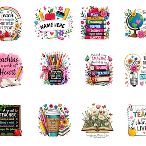 Può includere: Una collezione di dodici grafiche colorate a tema insegnanti con illustrazioni di libri, matite, fiori, mappamondi, lampadine e tazze da caffè, ciascuna accompagnata da testi ispiratori come Teach, Love, Inspire, Motivate, Repeat.
