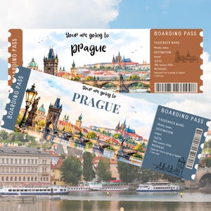 Pode incluir: Dois modelos retangulares de cartões de embarque com uma ilustração em aquarela do horizonte de Praga, incluindo a Ponte Carlos. O texto diz "Your are going to Prague" e inclui campos para nome do passageiro, destino, data e mensagem.