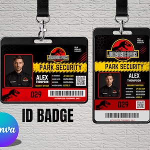 Mall för säkerhets-ID-bricka för dinosauriepark | Redigerbart Canva-ID-kort | Utskrivbart personalkort | Säkerhetspass för temapark