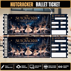 Puede incluir: Dos boletos de ballet Cascanueces rectangulares idénticos con un fondo de bosque invernal azul oscuro y bailarinas con tutús blancos. El texto dice The Nutcracker A Magical Holiday Ballet y Admit One con campos en blanco para lugar, fecha, hora, sección, asiento y mensaje.