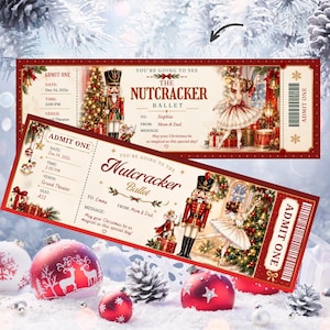 Könnte beinhalten: Zwei rechteckige Eintrittskarten für das Nussknacker-Ballett mit rotem Rand, illustriert mit einem Nussknacker-Soldaten, einer Ballerina und einer Maus. Der Text umfasst "Admit One", "The Nutcracker Ballet", "To: Sophia/Emma", "From: Mom & Dad" und "May your Christmas be as magical as this special day!"