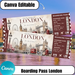 Könnte beinhalten: Zwei identische Bordkarten-Vorlagen mit einer Illustration der Londoner Skyline, inklusive Big Ben, Tower Bridge und einem roten Bus. Der Text lautet 'YOU'RE GOING TO LONDON', 'the city of dreams', 'BOARDING PASS', 'PASSENGER NAME: Maddy James' und 'SYD' nach 'LHR'.
