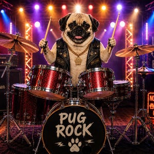 May include: A pug dog wearing a black leather vest and gold chain necklace sits behind a red drum set. The bass drum features the text PUG ROCK with a paw print. Nearby signs read LIVE TO BARK and NO TREATS NO GLORY under bright stage lights.
