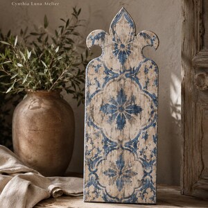 Hydraulic Tile Wall Art | Hand Painted Wooden Panel | Mediterranean Farmhouse Decor | Rustic Spanish Artisan Piece