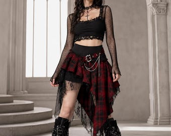 Minigonna gotica a quadri rossi - Gonna asimmetrica punk Harajuku - Abbigliamento da club in pizzo stile Y2K Alt Goth per donna