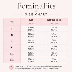 May include: A FeminaFits size chart table with a light pink background. The chart lists sizes S through 3XL with corresponding bust and clothing length measurements in both centimeters and inches. A note at the bottom mentions a 1-3 cm or 0.4-1.2 inch variance.