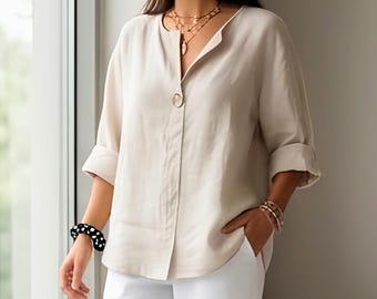 Chemisier ample à col en V pour femme, T-shirt en coton, idéal pour un look décontracté au quotidien, coupe ample, léger et respirant.