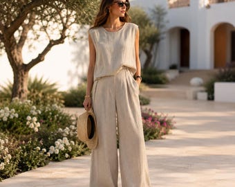 Ensemble deux pièces en lin pour femme, ensemble haut sans manches et pantalon large, vêtements de détente d'été, ensemble coton et lin, ensemble décontracté assorti pour femme