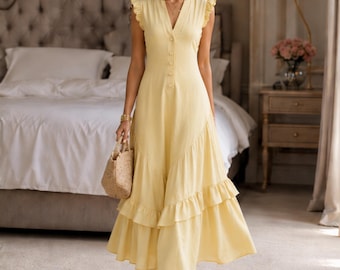 Robe longue maxi à col en V pour femme, robe fluide et longue, robe d'été décontractée, robe légère pour les vacances, robe longue maxi pour femme