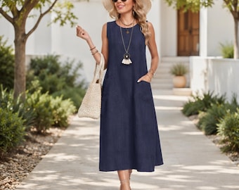 Robe longue sans manches pour femme, robe d'été, robe longue décontractée, robe de vacances, robe de plage, tenue de vacances