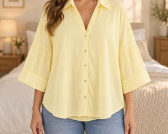 Chemise boutonnée à manches larges, blouse rayée coupe décontractée pour femme, haut ample et décontracté, indispensable du quotidien, cadeau idéal pour l'été