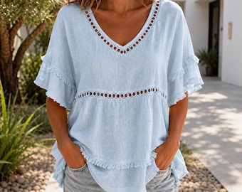 Chemisier bohème à col en V et manches à volants, haut à franges, chemise d'été bleu clair à œillets, haut bohème pour femme, chemisier de festival, haut décontracté pour les vacances