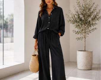 Women's Two Piece Lounge Set, Loose Fit Shirt and Trousers Co Ord, Casual Matching Outfit, Holiday Travel Clothing for Women, Summer Outfit