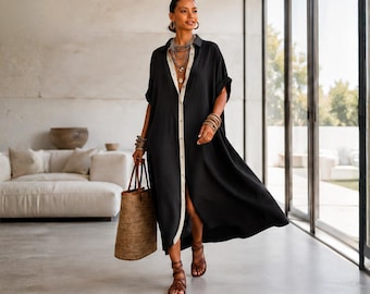 Robe-chemise boutonnée, robe-chemise décontractée pour la journée, robe d'été coupe ample pour femme, robe style chemise pour tous les jours, robe indispensable de la garde-robe