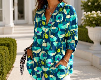 Chemise boutonnée à imprimé abstrait, chemise imprimée en couleur pour femme, haut d'été décontracté, blouse coupe ample, cadeau idéal pour femme au quotidien.