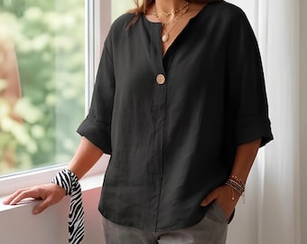 Chemise d'été ample pour femme, haut décontracté en coton à boutons, blouse à col en V et coupe décontractée, haut d'été léger, tenue décontractée au quotidien