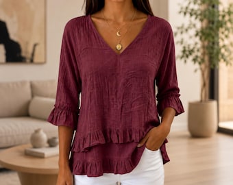 Haut à col en V pour femme, coupe décontractée, idéal au quotidien, confortable pour les sorties et les vacances.