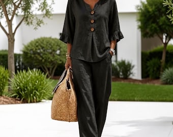 Ensemble deux pièces décontracté, haut à col V boutonné avec poignets à volants et pantalon assorti, ensemble de détente pour femme, ensemble confortable pour la maison