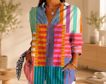 Chemise patchwork géométrique, chemise boutonnée imprimée colorée pour femme, haut d'été décontracté, blouse coupe ample, chemise imprimée colorée pour elle