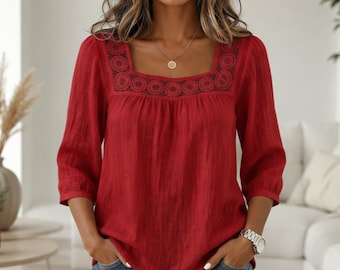 Chemisier à col carré pour femme, chemise tendance, haut décontracté pour tous les jours, haut extensible ajusté, chemisier d'été pour le travail, haut élégant, vêtements pour femmes