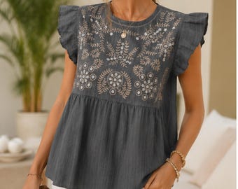 Haut brodé à col rond, robe brodée décontractée pour femme, haut brodé floral, haut décontracté de tous les jours, hauts décontractés pour femme, cadeau pour elle