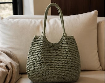 Straw Tote Handbag for Women, Woven Summer Beach Bag, Large Shoulder Tote Bag, Boho Market Bag, Holiday Handbag, Casual Everyday Bag for Her