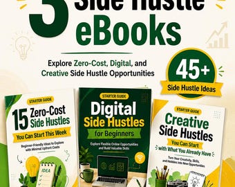 May include: A digital product bundle titled Side Hustle Vault Starter Bundle featuring three eBooks: 15 Zero-Cost Side Hustles, Digital Side Hustles for Beginners, and Creative Side Hustles. The graphic includes text, icons, and illustrations of a laptop, camera, and stationery.