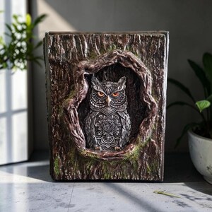 May include: A rectangular decorative plaque featuring a textured brown tree bark finish with a central hollow opening. Inside the hollow sits a detailed silver owl sculpture with intricate mandala-like patterns on its chest and bright orange eyes.