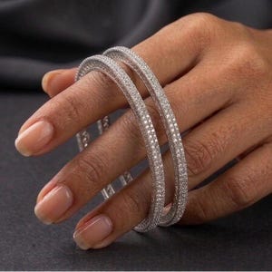 Silver American Diamond Bangles 2.5 Inch, Cubic Zirconia Stackable Eternity Kada, Indian Wedding Jewelry, Bridal CZ Bangles Beautiful Gift