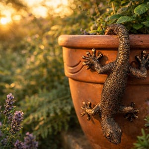 Op de afbeelding: Een terracotta-kleurige plantenpot met een textuurrijke, bronskleurige hagedisfiguur bevestigd aan de buitenrand. De hagedis is verticaal geplaatst met de kop naar beneden, met gedetailleerde schubben en gespreide voeten die de pot vastgrijpen.