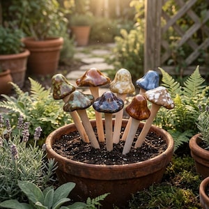 Puede incluir: Un conjunto de ocho estacas de jardín con forma de seta de cerámica con sombreros brillantes y multicolores en tonos marrón, azul, verde y amarillo, cada una unida a un tallo de madera clara, plantadas en una maceta redonda de terracota.