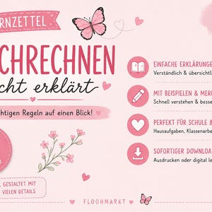 Könnte beinhalten: Ein hellrosa Lernzettel mit dem Titel LERNZETTEL BRUCHRECHNEN leicht erklärt. Das Design zeigt einen Schmetterling, kleine Blumen und Herzillustrationen. Es enthält vier runde Symbole mit Text, einen PDF-Download-Button und den Schriftzug FLOOHMARKT.