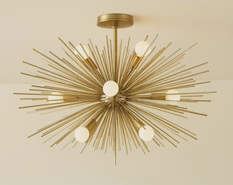1950 Modern Brass Starburst Chandelier Mid Century Sputnik Ceiling Light Luxury Flush Mount Fixture for Living Room Dining Room