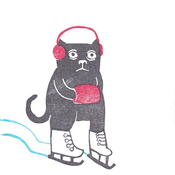 postcard winter freezing cat on ice, grumpy cold 