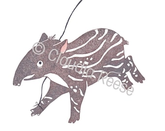 May include: Illustration of a running tapir holding a purple balloon with the words "Happy day" in white script. The tapir is brown with white stripes and a pink ear. The background is white.