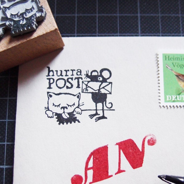 Stempel "Hurra Post"  Katze Maus