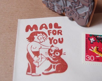 Stempel "mail for you"  Katze und Frau