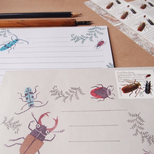Briefpapierset Käfer mit Briefmarken