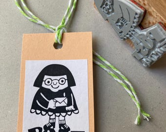 Stamp "Yay mail" girl with pile of letters