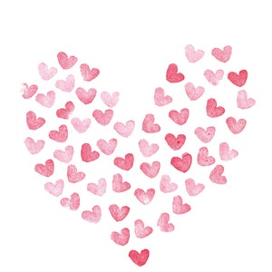 May include: A white card with the word "GRATULATION" in dark gray letters. A heart made of pink and red hearts is in the center, with a baby at the bottom. The card is a congratulations card.