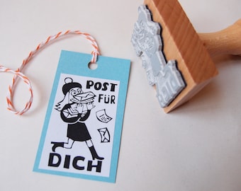 Stamp "mail for you" girl with pile of letters