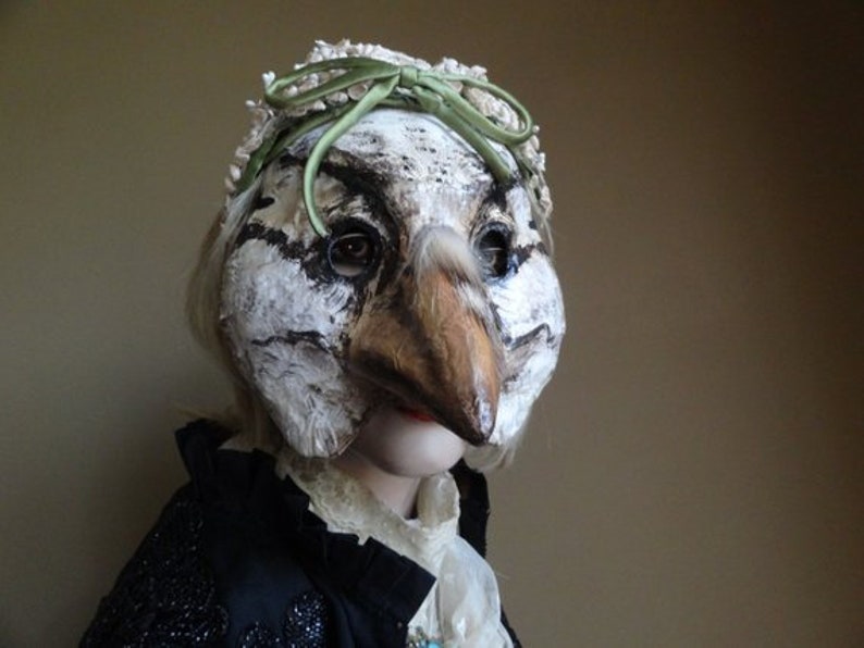 Masque doiseau en papier mâché fait à la main, oiseau de forêt, masque dHalloween, masque de mascarade image 3