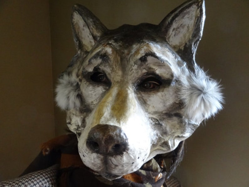 May include: A gray and white wolf mask with fur accents around the ears. The mask is made of paper mache and has realistic details, including a black nose and brown eyes.