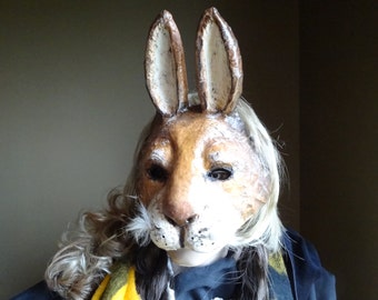 May include: A brown and white rabbit mask with long, white fur around the face. The mask has large, floppy ears and a realistic-looking nose.