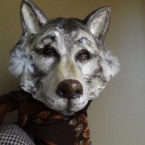 May include: A gray and white wolf mask with fur accents around the ears. The mask is made of paper mache and has realistic details, including a black nose and painted eyes.
