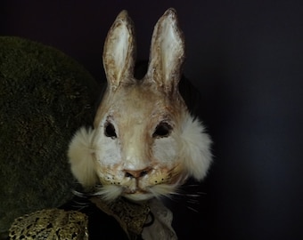 May include: A white rabbit mask with brown fur and long, white whiskers. The mask has black eyes and a painted nose.