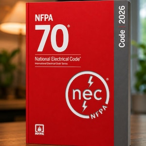 Peut inclure: Un livre à couverture rigide rouge intitulé NFPA 70 National Electrical Code 2026. La couverture présente du texte blanc, un logo circulaire nec avec des symboles d'éclairs et l'icône de flamme NFPA en bas à gauche avec une tranche grise.