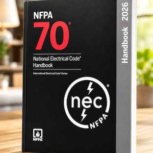 Peut inclure: Le manuel NFPA 70 National Electrical Code 2026 est un livre à couverture rigide noire avec du texte blanc et rouge. La couverture présente le grand chiffre rouge 70, le titre et un logo blanc circulaire avec les lettres nec et deux éclairs.